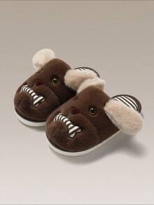 Men's Plush Pug Slippers, Bone Print Indoor/Outdoor Winter Closed-Toe Slippers, Couples Winter Slippers - Dark Brown - View 4