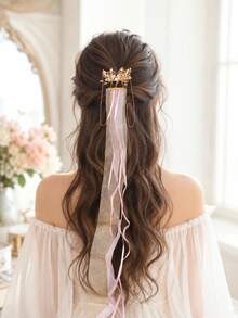 Gold Butterfly Pearl Hair Clip Set Tassel Chain Sheer Ribbon Hair Pins Vintage Chinese Style Hair Accessories For Hanfu Cosplay Party - Champagne - View 1