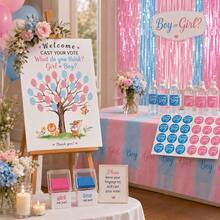 Gender Reveal Full Party Decoration Kit, Animal Fingerprint Tree Poster, Fringe Curtain, Ink Pad, Team Boy Girl Stickers For Gender Reveal Party - Multicolor - View 4