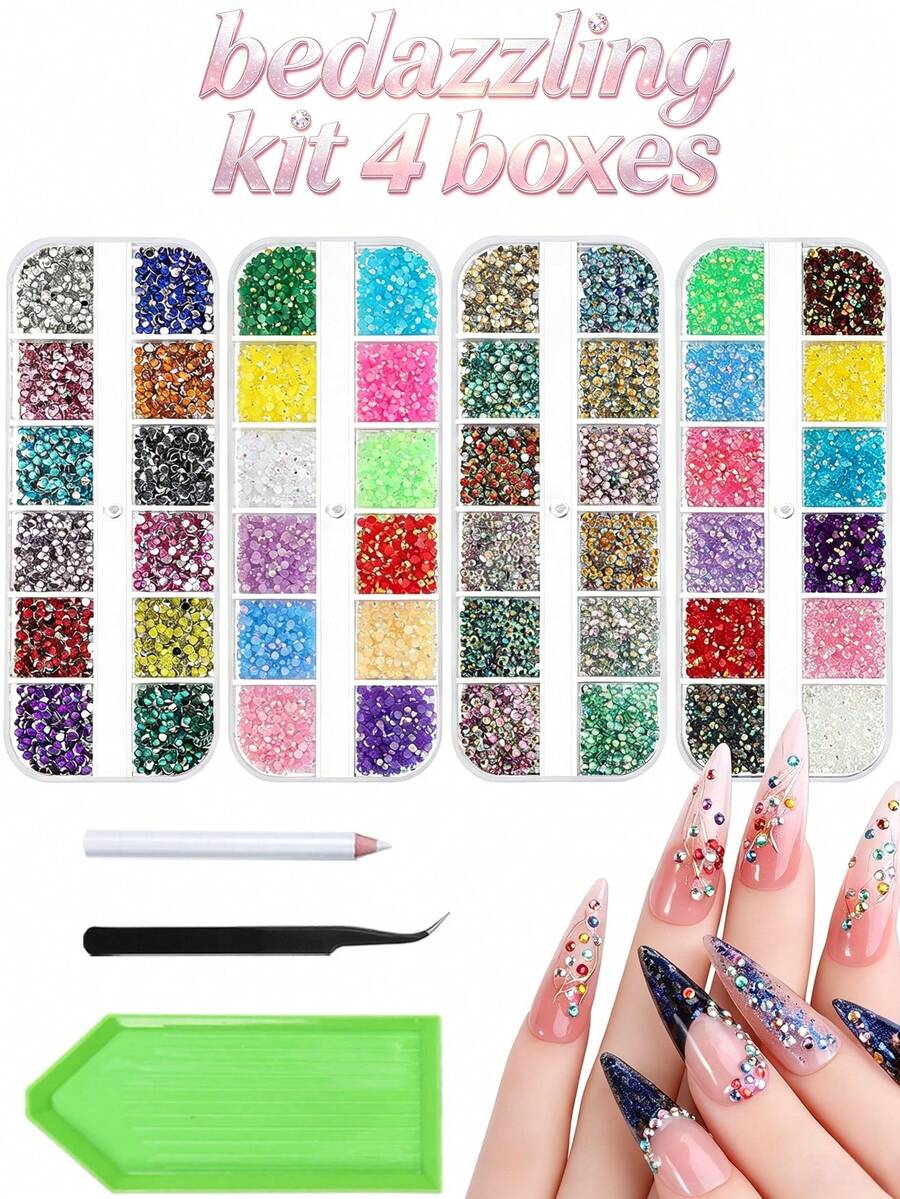 4 Boxes Nail Art Rhinestone Decoration Set, 3D Small Jelly Transparent AB Rhinestones Crystal Gems, Includes Nail Art Decoration Tools 1 Pair Of Tweezers And 1 Piece Wax Pencil, Suitable For Nail Art DIY, Tumblers, Face Makeup - Multicolor - View 1