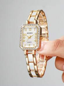 Women's Luxury Square Rhinestone Dial Quartz Watch, Elegant Small Square Wristwatch, Gift For Girlfriend (1pc/Set) Watch Box Not Included - White - View 3