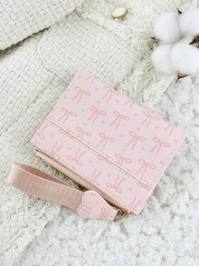 Fashionable Bow Printed Short Wallet, Foldable Buckle Portable Cash, Credit Card Tassel Decoration Wallet, Suitable For Carrying Around - Pink - View 3