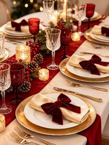 1/2/6pcs Christmas Velvet Bow Napkin Rings, Reusable Burgundy Bow Napkin Holders, Elegant Table Decor Napkin Rings, Suitable For Christmas Holiday Dinner, Wedding Banquet, Family Gathering And Other Table Settings - Red - View 6