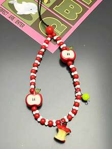 1pc Fresh Apple Shaped Beaded Phone Lanyard, Handmade Camera Strap Keychain Pendant - Multicolor - View 6