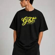 Soft Street Style Cotton Bright Yellow Cursive Letter Print T-Shirt, Daily Street Outfit, Holiday Gift - Black - View 2