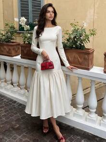 QUNGIGU Women's Slim Fit Mid-Length Dress, Elegant Short Sleeve Mermaid Tail Dress, Party Nightclub Long Dress - Apricot - View 2