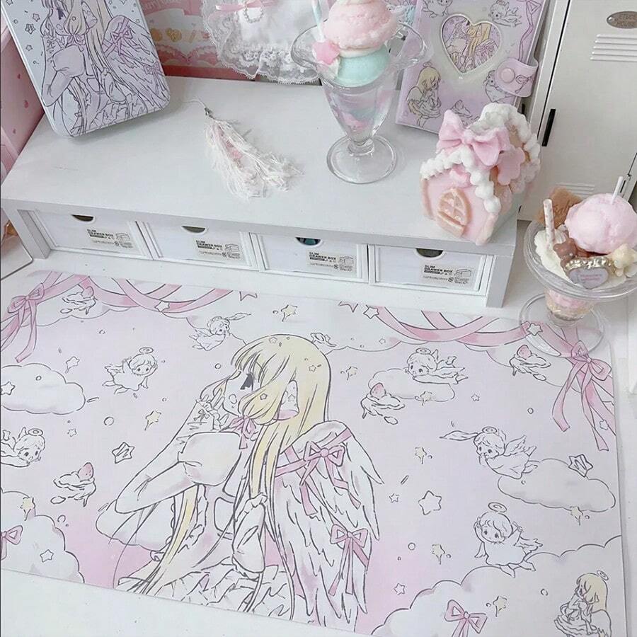 1pc Leather Mousepad Korean Ins Cartoon Chobits Chi Student Long Desk Mat | Kawaii PU Leather Mouse Pad For Dorm Dining, XXL Cute Anime Office Decor - View 1