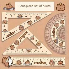 1set/4Pcs Cute Capybara Ruler Set, Student Geometry Math Measuring Tool Kit Straight Ruler Triangle Ruler Protractor Stationery For School - Color Style Randomized - View 3