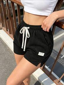 Women's American Vintage Ribbed Texture Bermuda Shorts, Beige Drawstring Elastic Waist, Practical Gift For Girlfriend And Best Friend Black - Black - View 3