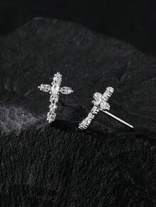 1 Pair Unisex Copper Inlaid Diamond Cross Earrings, Multi-Style Hollow Religious Cross Hypoallergenic Earrings, Punk Street Style Layered Earrings Suitable For Party And Daily Wear - Multicolor - View 16