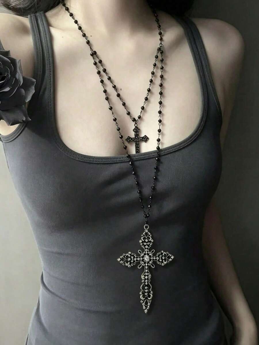 rundraw 1pc Women's Necklace, Silver Metal, Large And Small Cross With Micro-Inlaid CZ, Gothic Dark Style, Suitable For Daily Commute And Halloween Outfit - Black - View 1