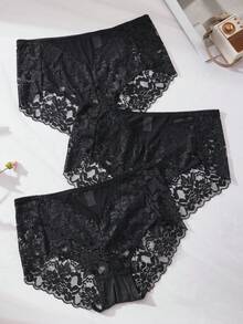 3PCS Plus Size Lace Sexy Panties Women's Underwear - Black - View 2