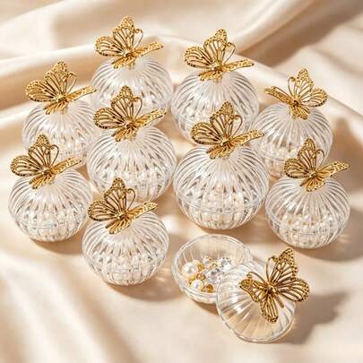 3pcs Transparent Flip-Top Mini Storage Boxes, Including Lid And Base, Decorated With Exquisite Gold-Plated Butterfly, High-End And Luxurious Texture. Can Be Used As Wedding Favor Gift Boxes, Jewelry Storage, Or Desktop Art Decor. European Minimalist Style, Suitable For Wedding, Banquet, Party Scene Decoration, Combining Aesthetics And Practicality