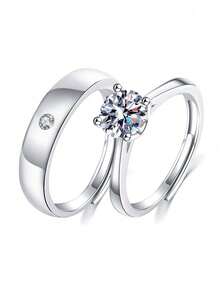 2pcs/Set Stylish Minimalist Couple Rings, Copper With Zirconia, Adjustable Size - Silver - View 3