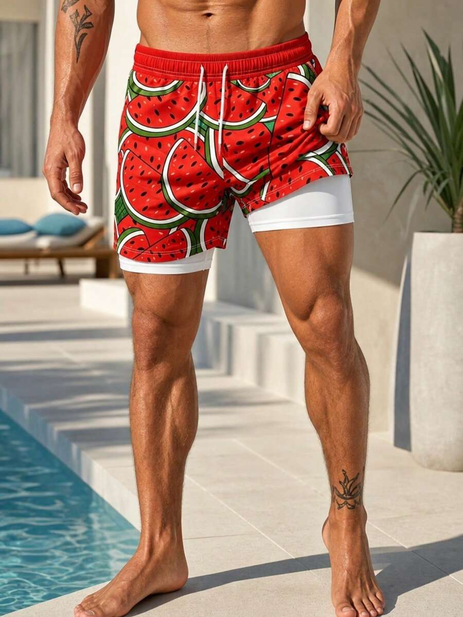 Men's Watermelon Print Double Layer Pocket Drawstring Waist Beach Shorts - Multicolor - View 1