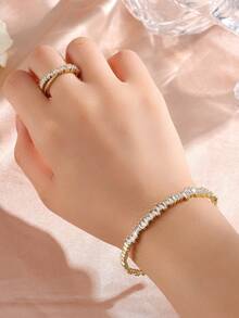 rakol 2pcs Fashionable Cubic Zirconia Asymmetrical Decor Ring & Bracelet Set, Silver Color - Silver - View 7