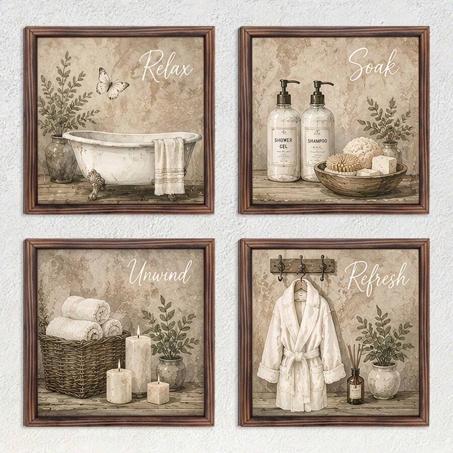4pcs/Set Bathroom Wall Decor, Wooden Picture Frame, Bath Towel Plant Bath Towel Pattern Design, For Bathroom Decor, Toilet Decor, Home Decor, Country Farmhouse Decor, Desktop Decor, Home Gifts - Bathroom - View 1