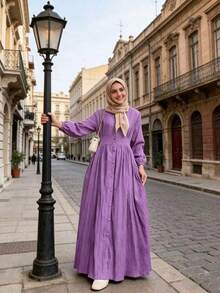 Women's Solid Color Long Sleeve Single-Breasted Casual Arabic Dress Fall - Purple - View 2