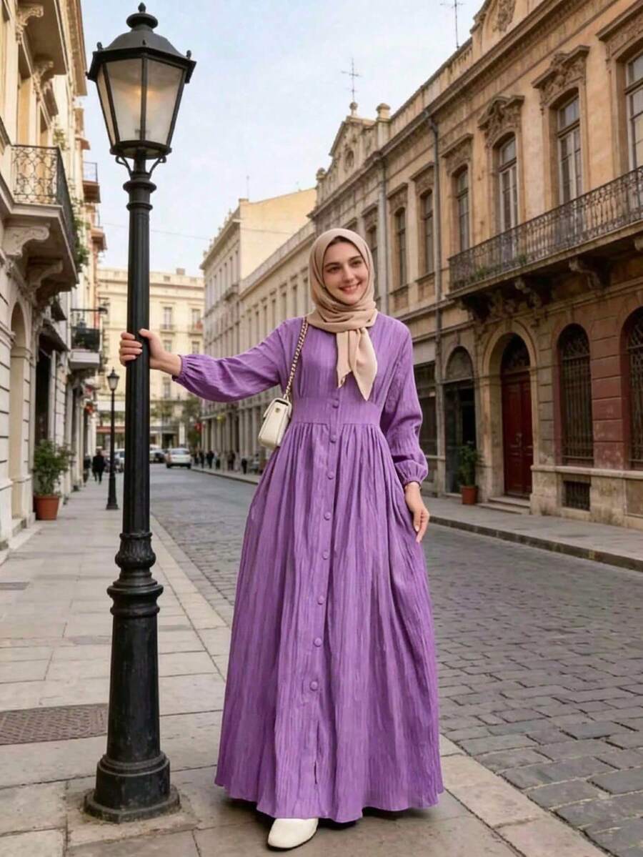 Women's Solid Color Long Sleeve Single-Breasted Casual Arabic Dress Fall