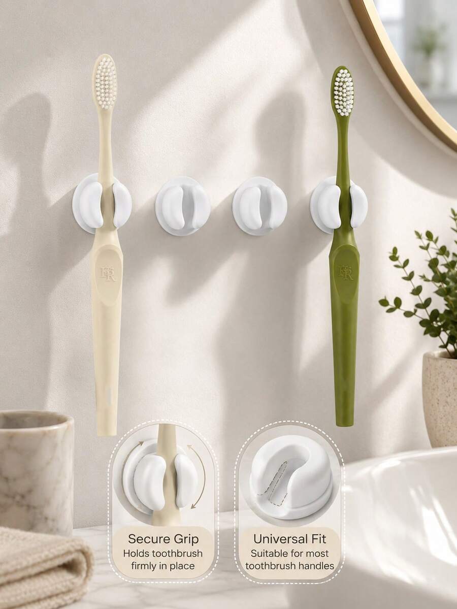 3pcs No-Drill Suction Cup Wall-Mounted Toothbrush Holder, Space-Saving Toothpaste Storage Clip, Strong Adhesive Storage Accessories Suitable For Tiles, Mirrors, Glass, Portable For Home, Dorm, Travel