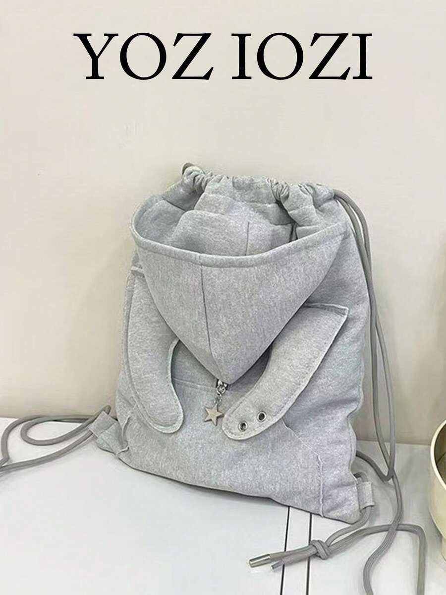 Korean Niche Design Ins Style Fashion Drawstring Bucket Backpack, Large Capacity Travel Backpack For Female College Students, Outdoor Outings - Grey - View 1
