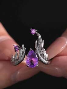 1pc Dark Elf Magic Ring Purple Faux Gemstone Niche Design Premium Sweet Cool Vintage Versatile Ring - Black - View 2