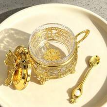 Gold Hollow Heart-Shaped Filigree Sugar Jar Set With Ginkgo Lid And Pearl Decorated Spoon, Detachable Transparent Glass Sugar Jar, Dual Handle Design, European Luxury Coffee Tea Sugar Jar, Suitable For Kitchen Countertop And Afternoon Tea Table Decoration - Gold - View 3