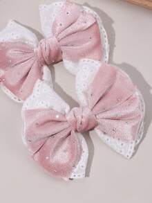 2pcs Pink Lace Bow Hair Clips, Shiny Rhinestone Satin Bow Hair Clips, Sweet Pastoral Style Hair Accessories For Girls And Teenagers, Daily, Vacation, Party Wear, Gift - Pink - View 9