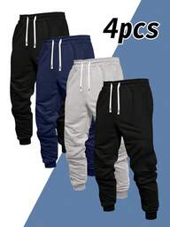 4-Piece Casual Pants For Men, Solid Color Sports Pants, Slightly Elastic Ankle Pants, Suitable For Jogging, Fitness, Outdoor Sports, Etc