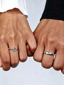 2pcs/Set Stylish Minimalist Couple Rings, Copper With Zirconia, Adjustable Size - Silver - View 1