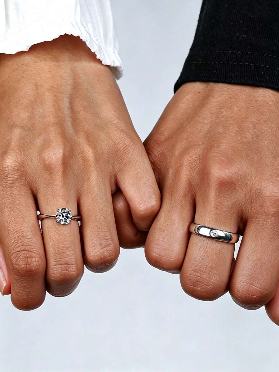 2pcs/Set Stylish Minimalist Couple Rings, Copper With Zirconia, Adjustable Size - Silver - View 1
