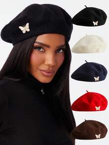1pc Women's Beret Hat Brooch, Autumn/Winter Vintage Beret Hat Halloween Costume Hat Brooch/Accessory Dual-Use Detachable Sweet Cool Halloween Plush Spider Beret Hat For Women, Vintage Wool Painter Hat - Multicolor - View 12