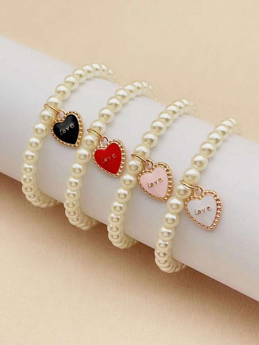 G-S 4pcs Faux Pearl Round Bead Butterfly Small Flower Sunflower Cute Girl Party Beach Daily Versatile - Heart*4pcs - View 1