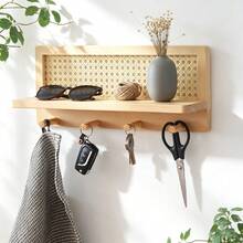 Wooden Wall-Mounted Storage Shelf With Woven Decoration And Hooks - Wooden Shelf, Key Holder With Storage, Wall-Mounted Organizer With 4 Hooks, Suitable For Entryway, Hallway, Kitchen, Office - Rustic Home Decor, Easy To Install, PE Rattan Wall-Mounted Coat Rack With 4 Hooks, Decorative Coat Rack With Floating Shelf, Suitable For Entryway, Living Room, Kitchen, Hallway, Bedroom And Office - Standard - View 1