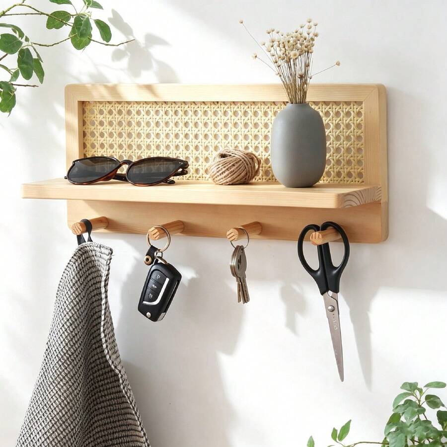 Wooden Wall-Mounted Storage Shelf With Woven Decoration And Hooks - Wooden Shelf, Key Holder With Storage, Wall-Mounted Organizer With 4 Hooks, Suitable For Entryway, Hallway, Kitchen, Office - Rustic Home Decor, Easy To Install, PE Rattan Wall-Mounted Coat Rack With 4 Hooks, Decorative Coat Rack With Floating Shelf, Suitable For Entryway, Living Room, Kitchen, Hallway, Bedroom And Office - Standard - View 1