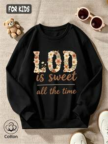 Girls' Cotton Top, Printed, Comfortable, Relaxed-Fit Dropped-Shoulder Sweatshirt, Round-Neck Oversized Sweatshirt - Black - View 3
