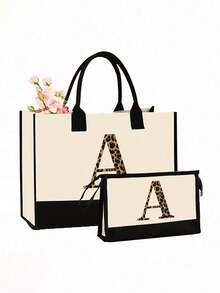 2pcs Canvas Tote Bags With Letter Pattern, Casual Style, Open Design, Fixed Shoulder Strap, Wipeable Clean, Suitable For Travel, Shopping, Also An Ideal Gift For Family And Friends - Multicolor - View 1