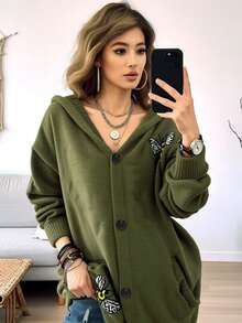 Plus Size Women Army Green Hooded Cardigan Bee Embroidery Knit Sweater Button Front Loose Coat Autumn Winter Cottagecore Fall - Army Green - View 4