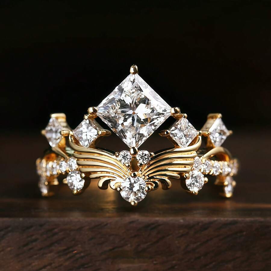 Vintage Princess Square Zirconia 18K Gold Plated Wing Proposal Crown Open Ring For Women - Gold - View 1