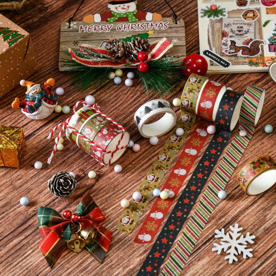 6 Gulungan Set Pita Washi Natal Kreatif Motif Kartun DIY Bahan Renda Stiker Dekoratif untuk Perencana - Set - View 1