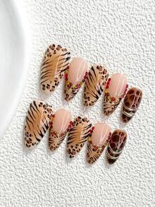 10pcs Kuku Tempel Buatan Tangan Motif Leopard, Set Seni Kuku Polygel, Motif Leopard, Rhinestone Warna-warni, Skema Warna Cokelat & Hitam, Gaya Keren, Termasuk Alat Kuku, Tersedia 3 Ukuran, Bentuk Almond/Bebek/Peti, Cocok Untuk Pesta, Dansa, dan Pemakaian Sehari-hari - MultiWarna - View 18