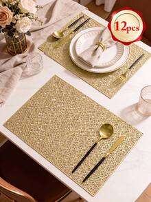 1-12pcs Gold Interwoven Mesh PVC Placemats, Modern Minimalist PVC Rectangular Hollow Easy-To-Clean Table Mats, Suitable For Daily Home Use, Birthday Parties - Multicolor - View 11