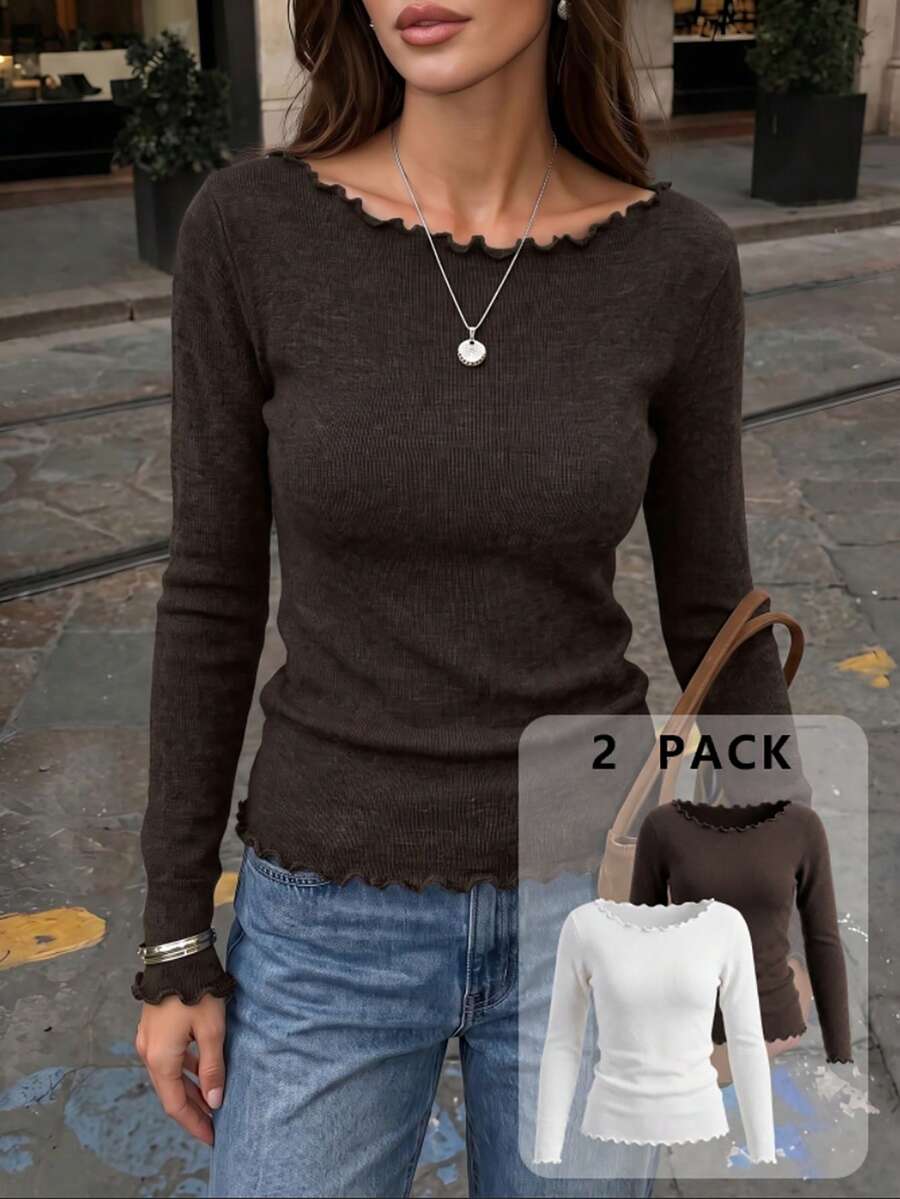 Women's 2pcs Set Frill Trim Square Neck Long Sleeve Knit Top, Elastic Ribbed Slim Fit Base Layer, Minimalist Casual Layering T-Shirt, Suitable For Autumn Daily And Office Commute Wear - White + Brown - View 1