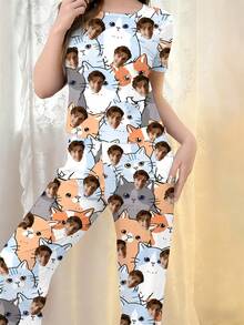 2pcs Customized Face Photo And Heart Pattern Women's Pajama Set - Personalized Romantic Gift For Valentine's Day, Birthday, Daily Home Wear, Short Sleeve Round Neck Top And Pants, Women's Set, Women's Summer Set - Black - View 3