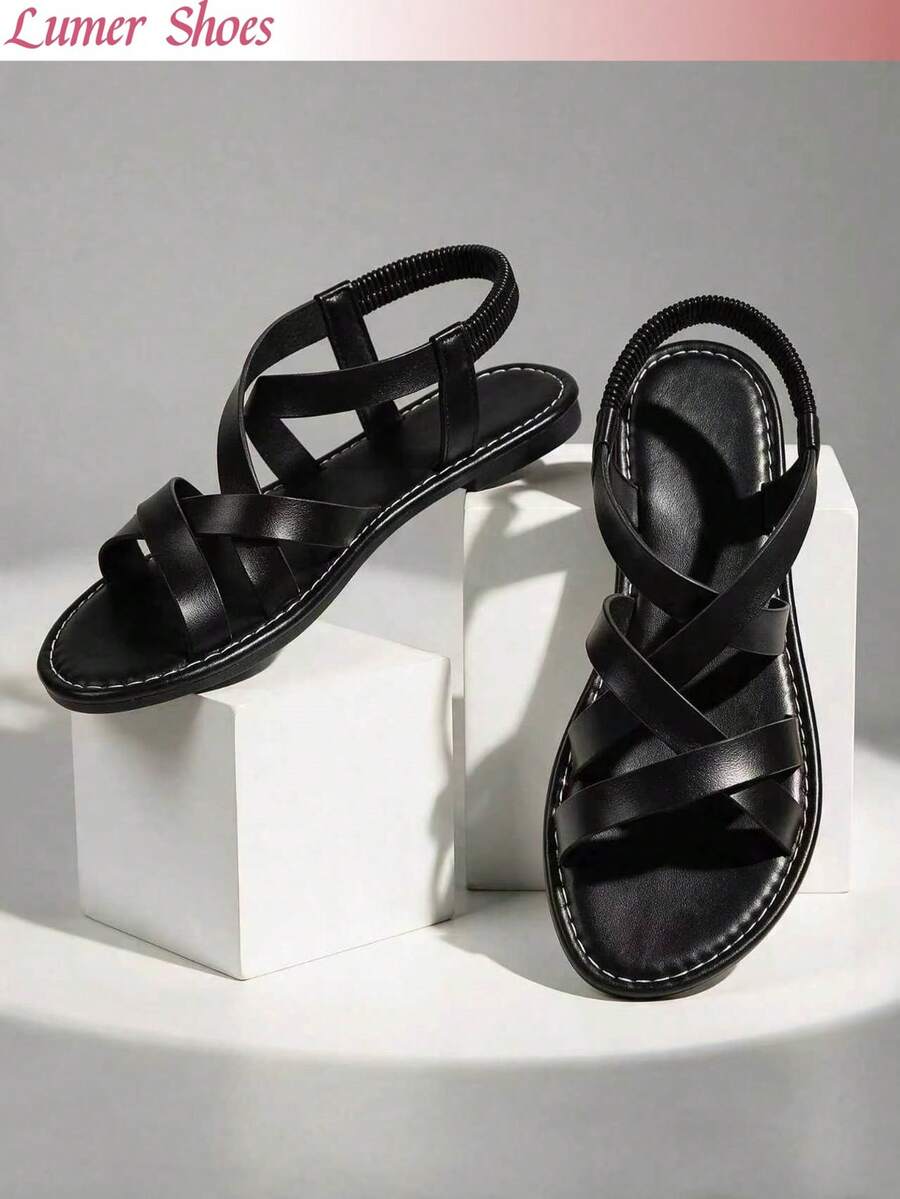 Women's Fashion Bohemian Style Criss-Cross Strappy Elastic Back Sandals, Open Toe Flat Slip-On Shoes, Suitable For Road Trips And Friends Gatherings - Black - View 1