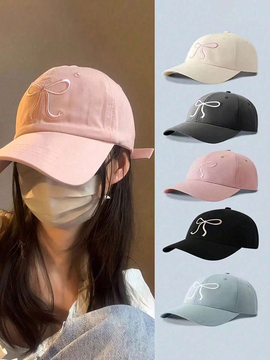 1件可調節棒球帽，粉色緞帶刺繡，可愛風格，適合四季，聚酯纖維材質，可折疊，拉鍊開合，女性完美禮物，刺繡棒球帽