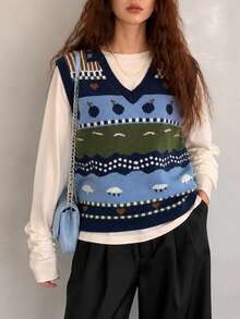 Rompi Pullover Leher V Wanita Kasual Minimalis Elegan Lembut Klasik Vintage Motif Menarik Musim Gugur/Dingin - Navy Blue - View 3