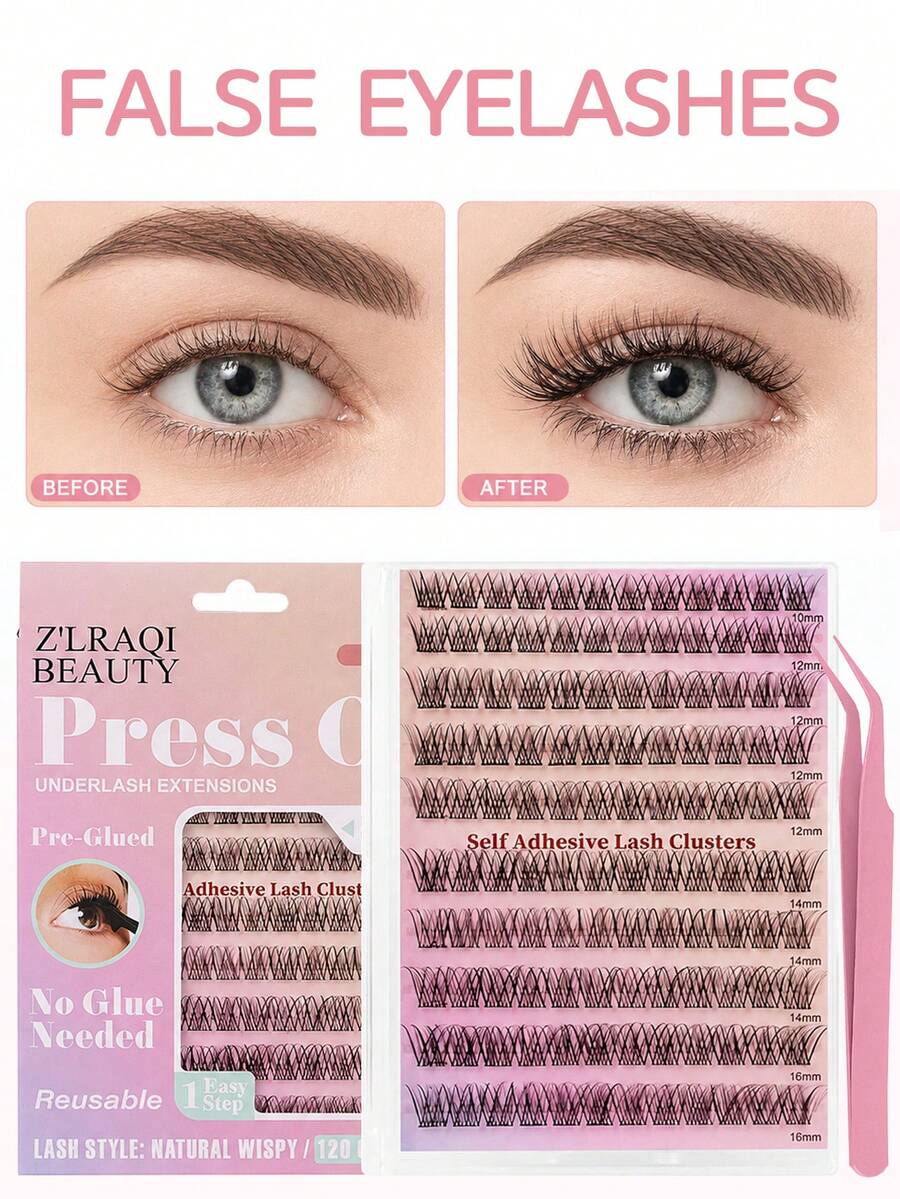 120pcs Lashes No Glue Needed+Fake Lashes Tweezers Natural Fibers, Long Curls, Clear Roots, Self Adhesive Lashes, Enlarged Eyes, Light And Non Irritating, Suitable For Daily Commuting Makeup - View 1