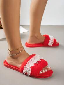 Women's Home Slippers Solid Color Fashion Fabric Lace Patchwork Pearl Strap Indoor Autumn/Winter One-Strap Cotton Slippers - Red - View 10