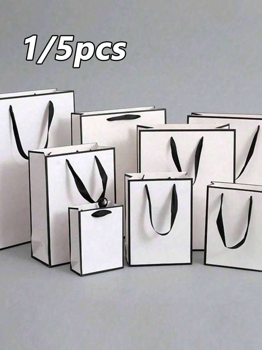 1/5pcs White And Black Gift Bags With Ribbon Handles, White Gift Bags With Black Trim, Suitable For Wedding, Retail, Party, Birthday, Proposal, Anniversary And Engagement Party Favors - Black and White - View 1